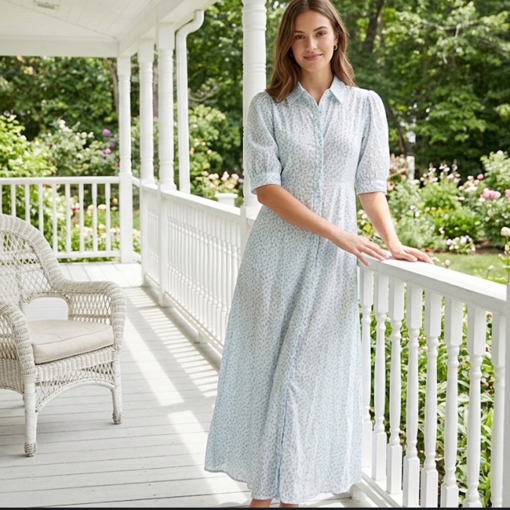 Julia Amory Dress White Blue Abstract Confetti Print Cotton Maxi Dress Small